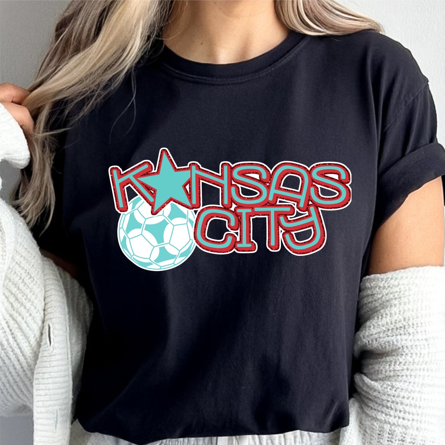 KC Women's Soccer teal and red glitter Tee